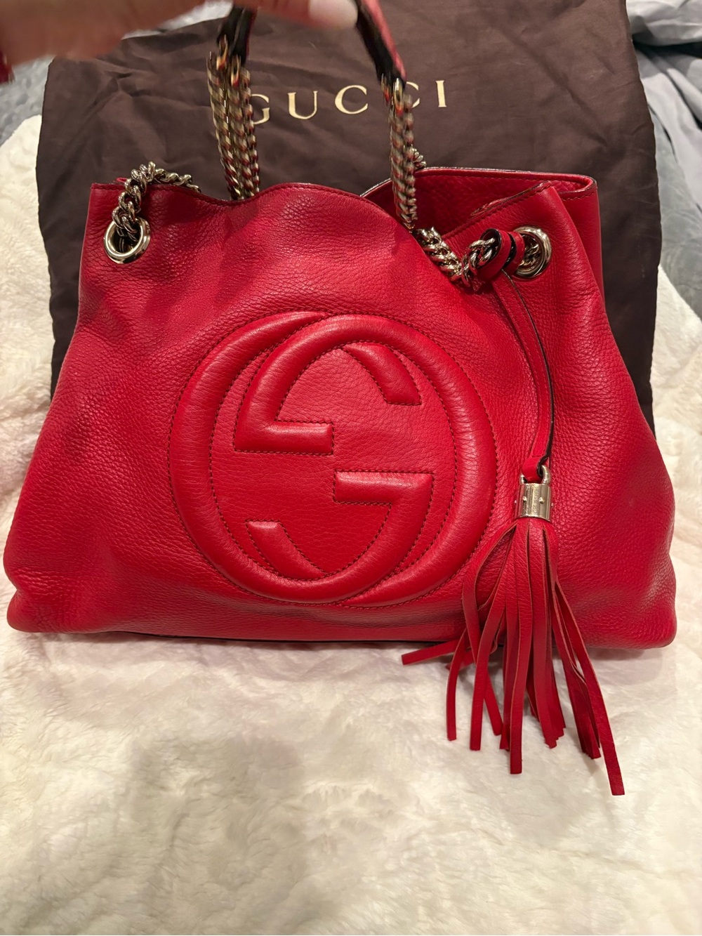 Gucci Red Pebbled Leather Shoulder Bag with Tassel+Chain Straps authentic GUCCI - Picture 5 of 7